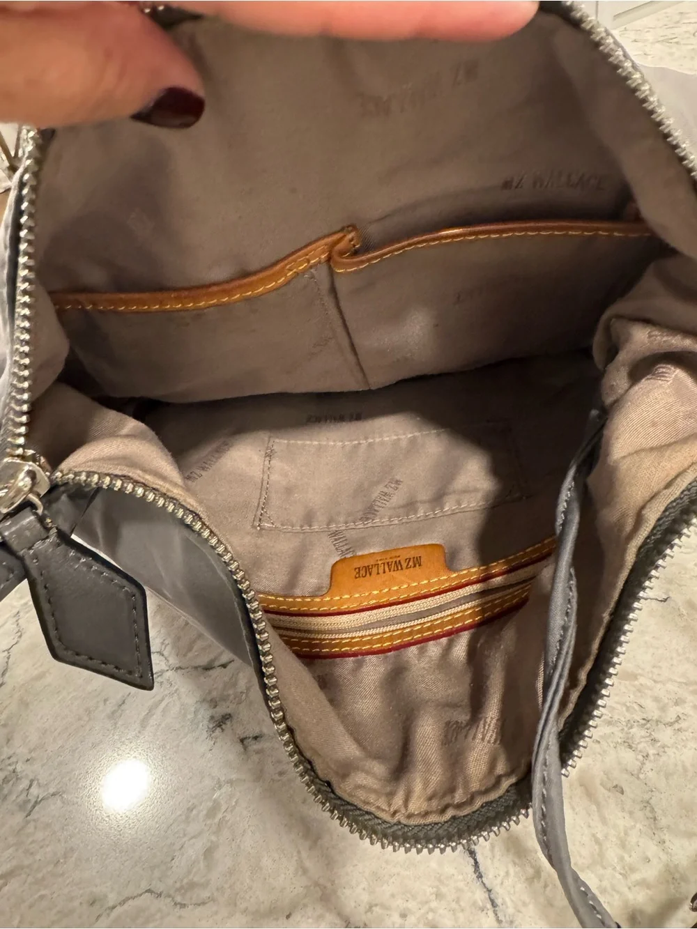 MZ Wallace Gray Nylon Hobo Shoulder Bag Silver Hardware Lightweight Purse
